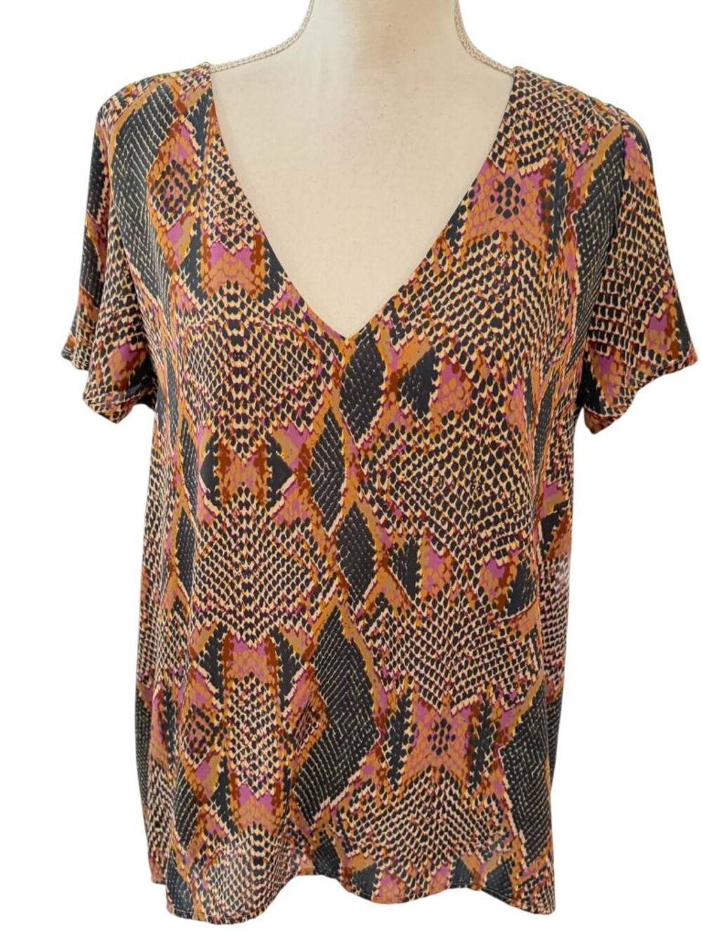 Adrienne Snakeskin Print V- Neck Blouse, Size M, Multicolor
